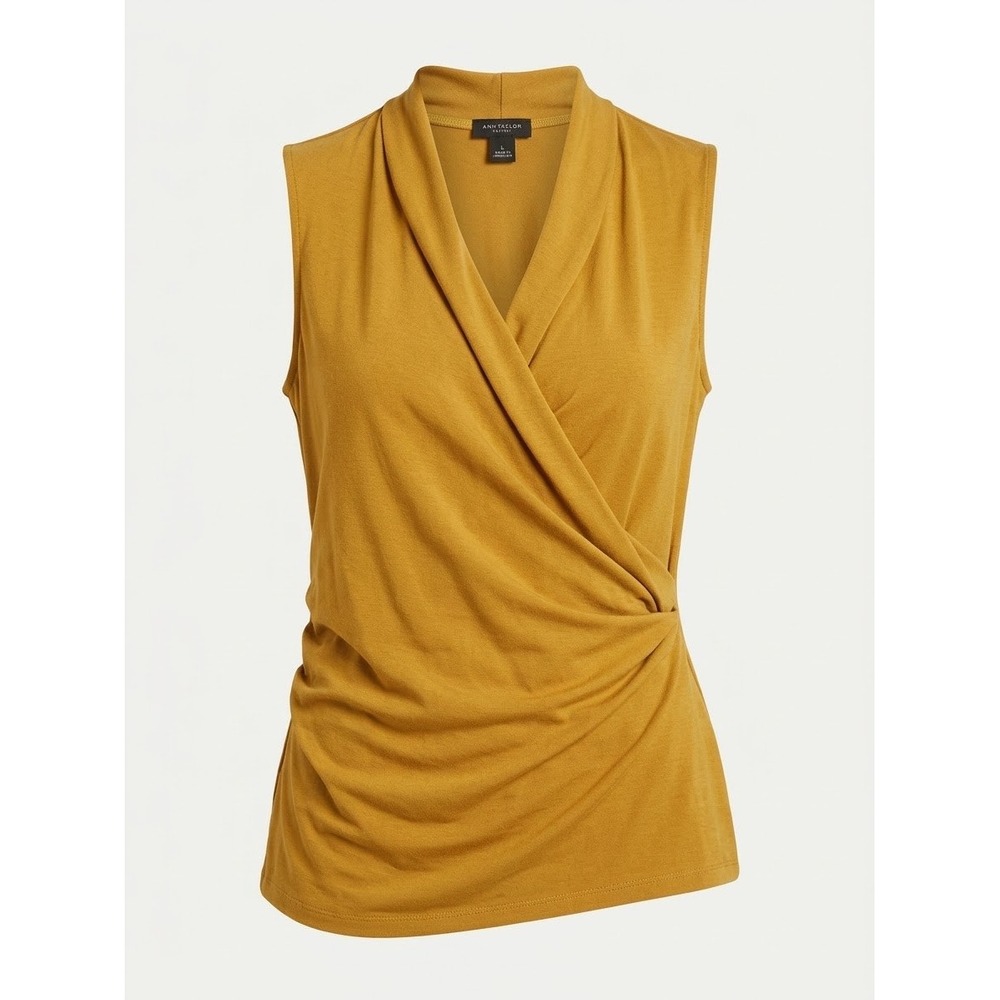 Ann Taylor Factory Wrap Top Womens L Mustard Yellow Ruched Sleeveless Good